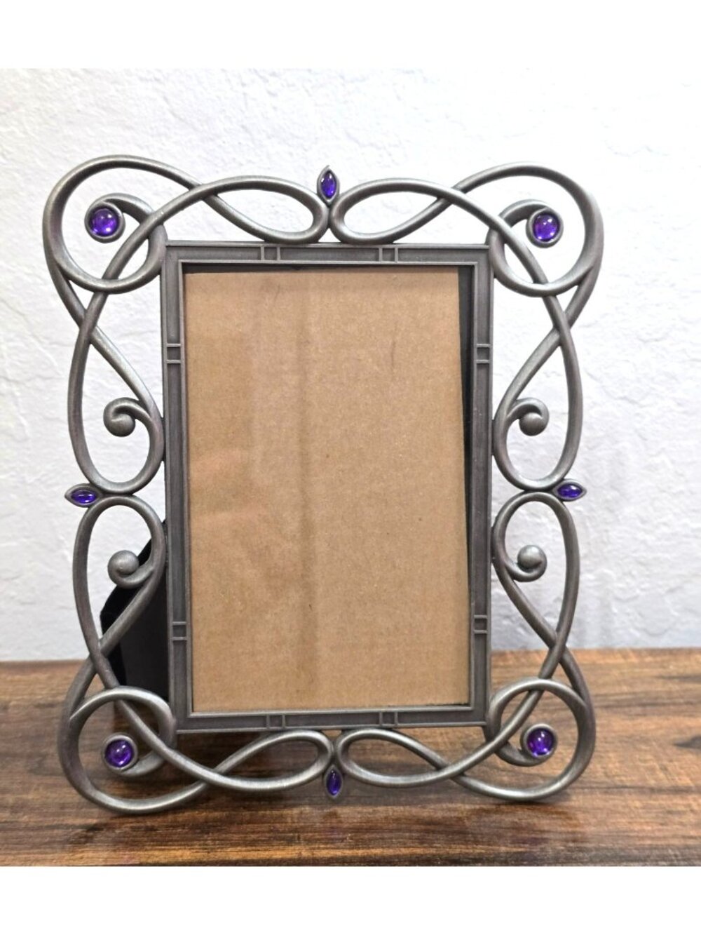 Pewter Scroll Picture Frame Purple Gemstones - 4x6 Tabletop Or Wall Mount